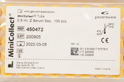 GBO 450472 MiniCollect Tube 0.8 ml Z Serum Separator - Pack of 100